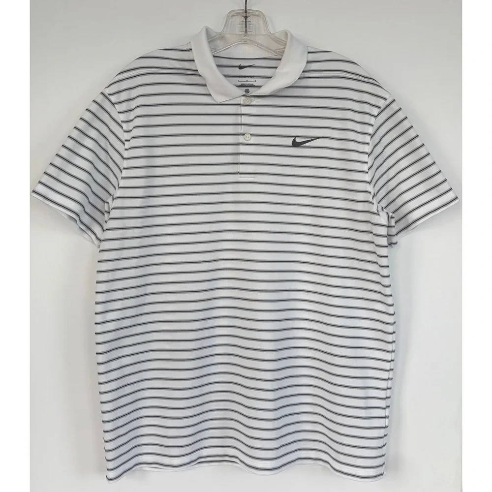 Nike Dri-FIT Mens Large Golf Polo Shirt White Gray Black Striped Short Sleeve